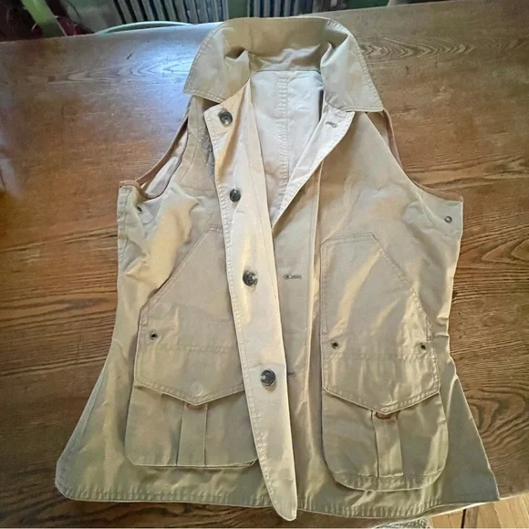 Womens Ralph Lauren Khaki VINTAGE  Outdoor Cotton Buttoned Vest Leather trim - Picture 7 of 9
